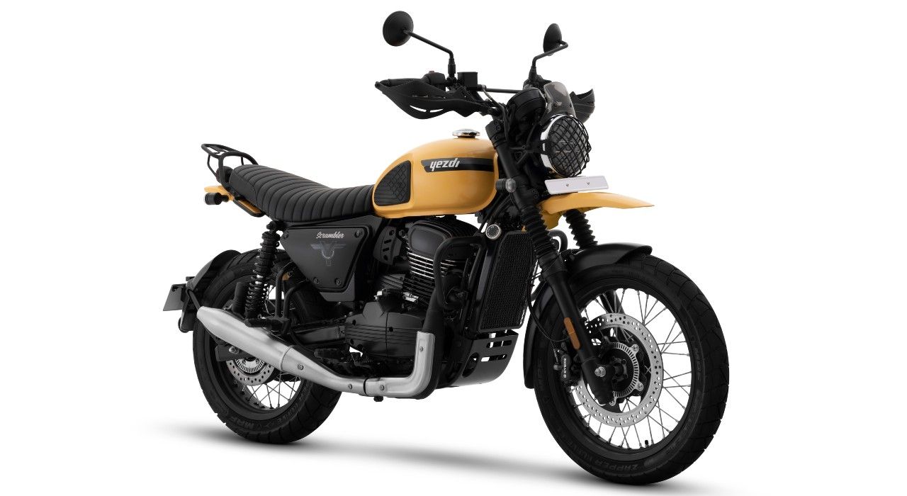 Yezdi Scrambler Yellow Front Three Fourth