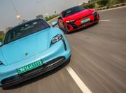 Porsche Taycan and Audi RS e tron GT Front Dynamic Dead On2