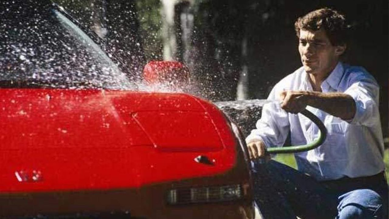 F1 Legend Ayrton Senna Cleaning the Red Honda NSX