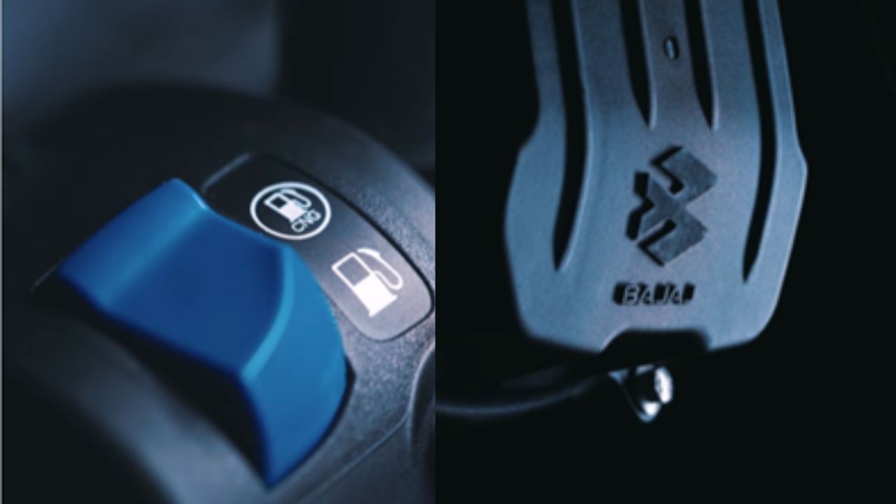 Bajaj CNG bike blue toggle switch to switch between the petrol and CNG modes